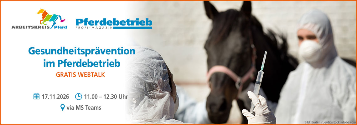 Banner zum kostenlosen Webtalk „Gesundheitsprävention im Pferdebetrieb“ am 17.11.2026 von 11.00 bis 12.30 Uhr via MS Teams; zeigt ein Pferd und medizinisches Personal mit Spritze in Schutzkleidung.